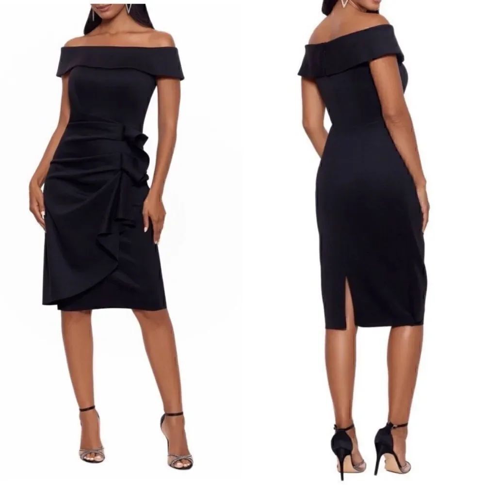 Xscape NWT Ruffle Off the Shoulder Scuba Dress In Black Size 12